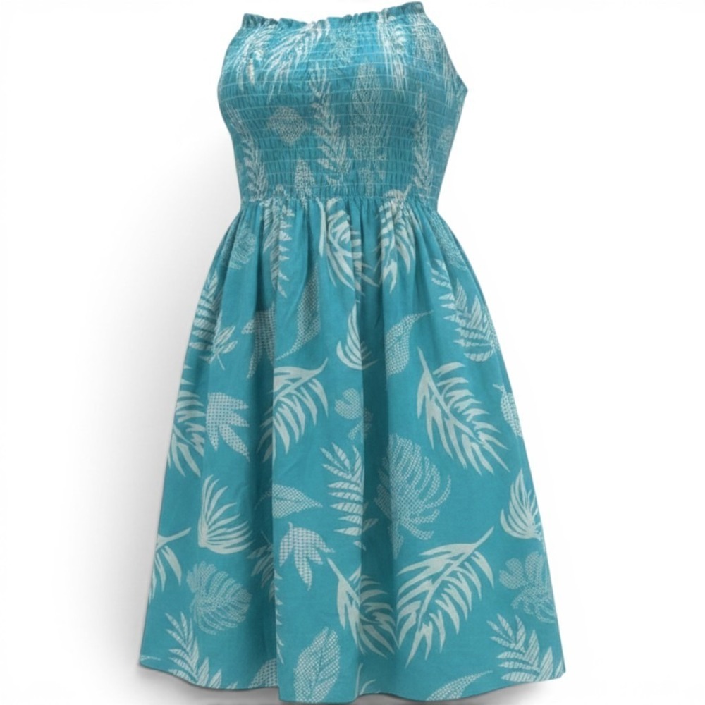 Palmwave Hawaii Dress Womens One Size Teal Blue Tropical Smocked Tie Strappy